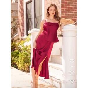 Strut & Bolt midi wine burgandy red satin dress slit sz medium new